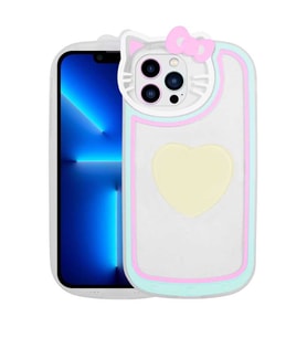 Uyumlu Model Apple iPhone 13 Pro Kılıf Kedi Figürlü Pop Soketli Kapak (Beyaz)
