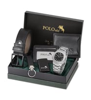 Polo Air Erkek Kemer Cüzdan Kartlık Anahtarlık Çakmak Kol Saati Hediyelik Kutusunda Set PL-0960E (Gümüş-Siyah)