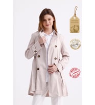 Pastelastore Esnek Pamuk Gabardin Kısa (80cm) Omuz Apoletli Kemerli Kadın Trençkot 1120 (Taş)