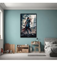 Metal Çerçeveli Cam Tablo Film Karakteri Thor ve Çekiç Görseli (Siyah)