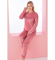Luxury Velvet Fransız Kadife Yazı Detaylı Pijama Takımı (Pembe)