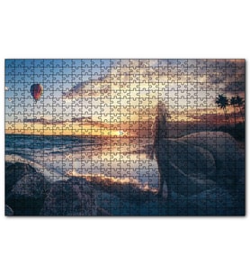 Cakapuzzle Günbatımı Sıcak Hava Balonu Sahil ve Kadın  Puzzle Yapboz MDF (Ahşap) (1000 Parça)