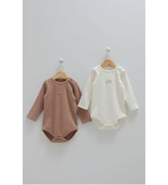2'li Fitilli Uzun Kollu Çıtçıtlı Body (Beyaz - Kahverengi)