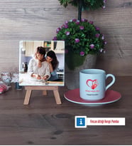 Anneye Hediye Fotoğraflı Dekoratif Taş, Ahşap Altlıklı Türk Kahvesi Fincanı Hediye (Model 6)