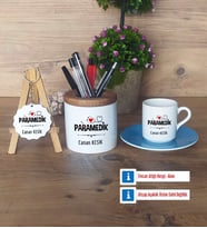 Paramedik Hediye Sepeti Kalemlik, Türk Kahvesi Fincanı Kırmızı, Ahşap Anahtarlık Hediye (Model 3)
