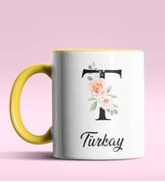 Kişiye Özel T Harfi Temalı Gül Tasarım Siyah Renk Kupa (Sarı)