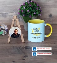 Doğum Günü Hediyesi Kupa Bardak Beyaz ve Fotoğraflı Ahşap Anahtarlık Hediye (Model 7)