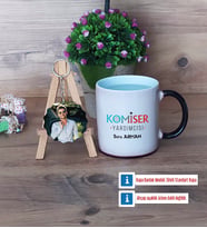 Komiser Yardımcısı Kupa Bardak Beyaz ve Fotoğraflı Ahşap Anahtarlık Hediye (Model 9)