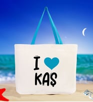 BK Gift I Love Kaş Renkli Kulp Kanvas Plaj Çantası 48x40m, Baskılı Omuz Çantası, Alışveriş Çantası (Turkuaz)