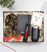 Kişiye Özel Kulplu 280 ML Çelik Termos & Defter & Gümüş Renk Detaylı Tükenmez Kalem & Fular Hediye Seti (Model 5)