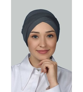 Dört Bantlı Çapraz Dış Tesettür Bonesi Hazır Türban Penye (Füme)