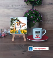 Kadın Öğretmene Hediye Fotoğraflı Dekoratif Taş, Ahşap Altlıklı Türk Kahvesi Fincanı Hediye (Model 3)