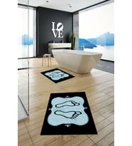 EVDEYA Dijital Baskılı Yıkanabilir Modern Ayak İzi Desenli İkili Banyo Halısı Klozet Takımı, KLOZET-20-GOLD, (Mavi)