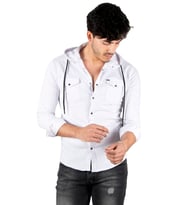 DeepSEA Erkek   Kapüşonlu Cepli Slim Fit Likralı Kot Gömlek 2300396 (Beyaz)