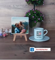 Babalar Günü Hediyesi Fotoğraflı Dekoratif Taş, Ahşap Altlıklı Türk Kahvesi Fincanı Hediye (Model 2)