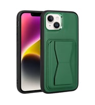 Apple iPhone 14 Kılıf Kartlıklı Standlı ?Suni Deri Memo Kılıf (Koyu Yeşil)