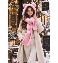 Kışın Rahatlığını Yakalayın: Kapşonlu Welsoft Peluş Bere - Atkılı - Polar Boyunluk Şalı (Pembe)