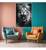 Metal Çerçeveli Temperli Cam Tablo Kükreyen Aslan Siyah Beyaz (Gümüş)