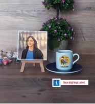 Öğretmenler Günü Hediyesi Fotoğraflı Dekoratif Taş, Ahşap Altlıklı Türk Kahvesi Fincanı Hediye (Model 4)