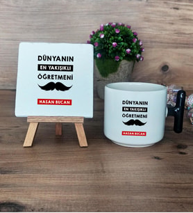 Erkek Öğretmene Hediye Hediye Seti Kupa Bardak T Kulplu ve Dekoratif Taş Öğretmenler Günü Hediyesi (Model 6)