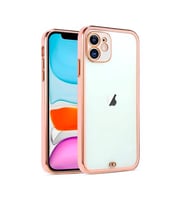 iPhone 12 6.1inç Gold Çerçeve Kamera Korumalı Silikon Bumper Kılıf (Pembe)