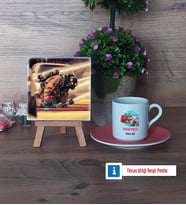 İtfaiyeci Fotoğraflı Dekoratif Taş, Ahşap Altlıklı Türk Kahvesi Fincanı Hediye (Model 6)