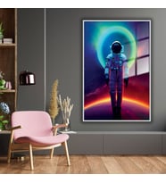 Metal Çerçeveli Temperli Cam Tablo  Neon Renkli Uzay ve Astronot (Gümüş)