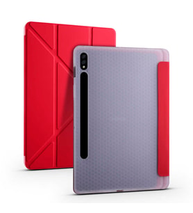 Samsung Galaxy Tab S7 Plus T970 Kılıf Kalem Bölmeli Standlı Ön Arka Tam Koruma Katlanabilir Uyku Modlu Kılıf Tri Folding (Kırmızı)