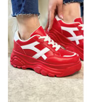 Günlük Kadın Sneaker Yüksek Taban Bağcıklı Tiger Şeritli Spor Ayakkabı 032 (Kırmızı-Beyaz)