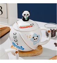 400ml Seramik Kapaklı Kaşıklı Panda Kupa Bardak Çay Kahve Bardağı Ofis Kupa Seti (Beyaz)