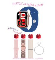 Samsung Galaxy M20 Uyumlu Açık Mavi Akıllı Saat Watch 10 Mini Kordon Hediyeli AMOLED EKRAN 41MM (Pembe-Mavi)