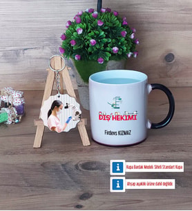 Diş Hekimi Kupa Bardak Beyaz ve Fotoğraflı Ahşap Anahtarlık Hediye (Model 9)