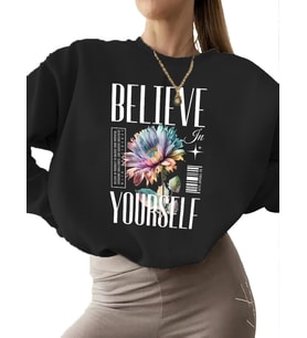 Kendine inan Baskılı Bej 3 iplik şardonlu Sweatshirt unisex bisiklet yaka kadın Sweatshirt erkek (Siyah)
