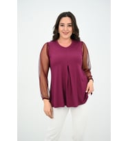 Kadın Büyük Beden Pileli V Yaka Tül Detaylı Bluz 1857-25 (Bordo)