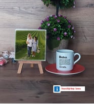 Baba Fotoğraflı Dekoratif Taş, Ahşap Altlıklı Türk Kahvesi Fincanı Hediye (Model 8)