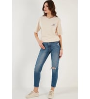 Süperlife Kadın Bisiklet Yaka Regular Fit  Air Baskılı Tişort SPR21YK23 (Taş)