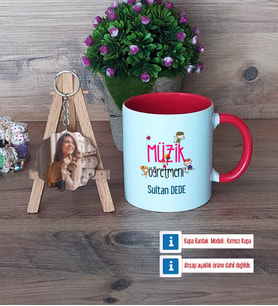 Müzik Öğretmeni Kupa Bardak Beyaz ve Fotoğraflı Ahşap Anahtarlık Hediye (Model 2)