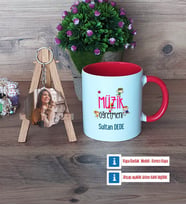 Müzik Öğretmeni Kupa Bardak Beyaz ve Fotoğraflı Ahşap Anahtarlık Hediye (Model 2)