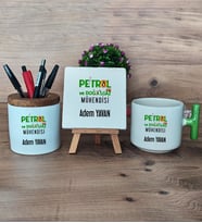 Petrol ve Doğalgaz Mühendisi Hediye Sepeti Kupa Bardak T Kulplu, Kalemlik ve Dekoratif Taş Mühendisler Günü Hediyesi (Model 8)