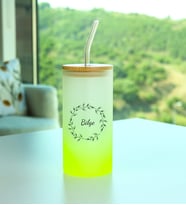 Kişiye Özel Pipetli Buzlu Cam Bardak (Sarı)