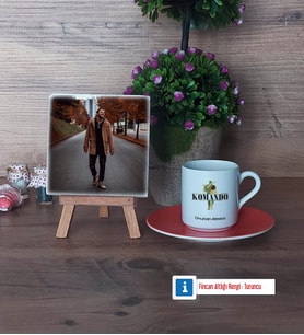 Komando Fotoğraflı Dekoratif Taş, Ahşap Altlıklı Türk Kahvesi Fincanı Hediye (Model 8)