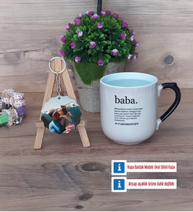 Babaya Hediye Kupa Bardak Beyaz ve Fotoğraflı Ahşap Anahtarlık Hediye (Model 10)