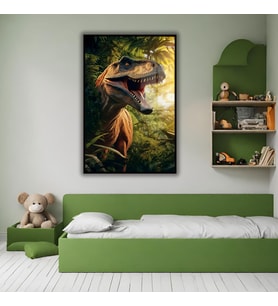Metal Çerçeveli Temperli Cam Tablo Yakın Açı Dinozor Görseli (Siyah)