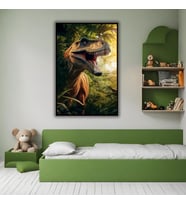 Metal Çerçeveli Temperli Cam Tablo Yakın Açı Dinozor Görseli (Siyah)