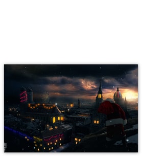 Ahşap Tablo Noel Baba Ve Şehrin Gece Manzarası