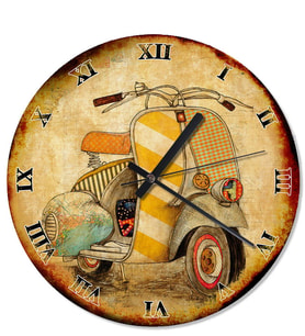 Eski Zeminde Sarı Vespa Motorsiklet Duvar Saati
