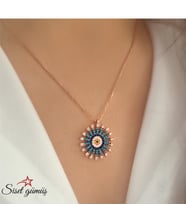 925 Ayar Rose Kaplama Nazar Boncuklu Güneş Gümüş Kolye