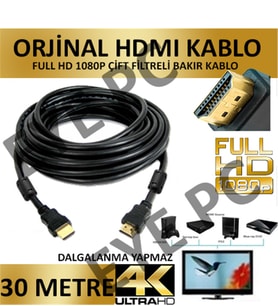 30 Metre Kaliteli Çift Filtreli Extra Kömürlü Kalın Hdmı Kablo