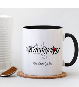 BK Gift Kişiye Özel Mesleki Kardiyolog Siyah Kupa Bardak