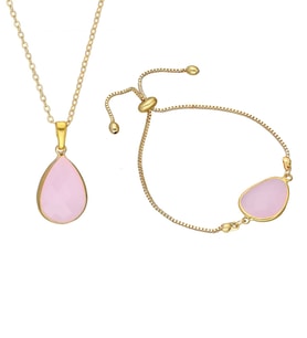 Altın Kaplama Bayan Pembe Taşlı Kolye Bileklik Set Ps0478